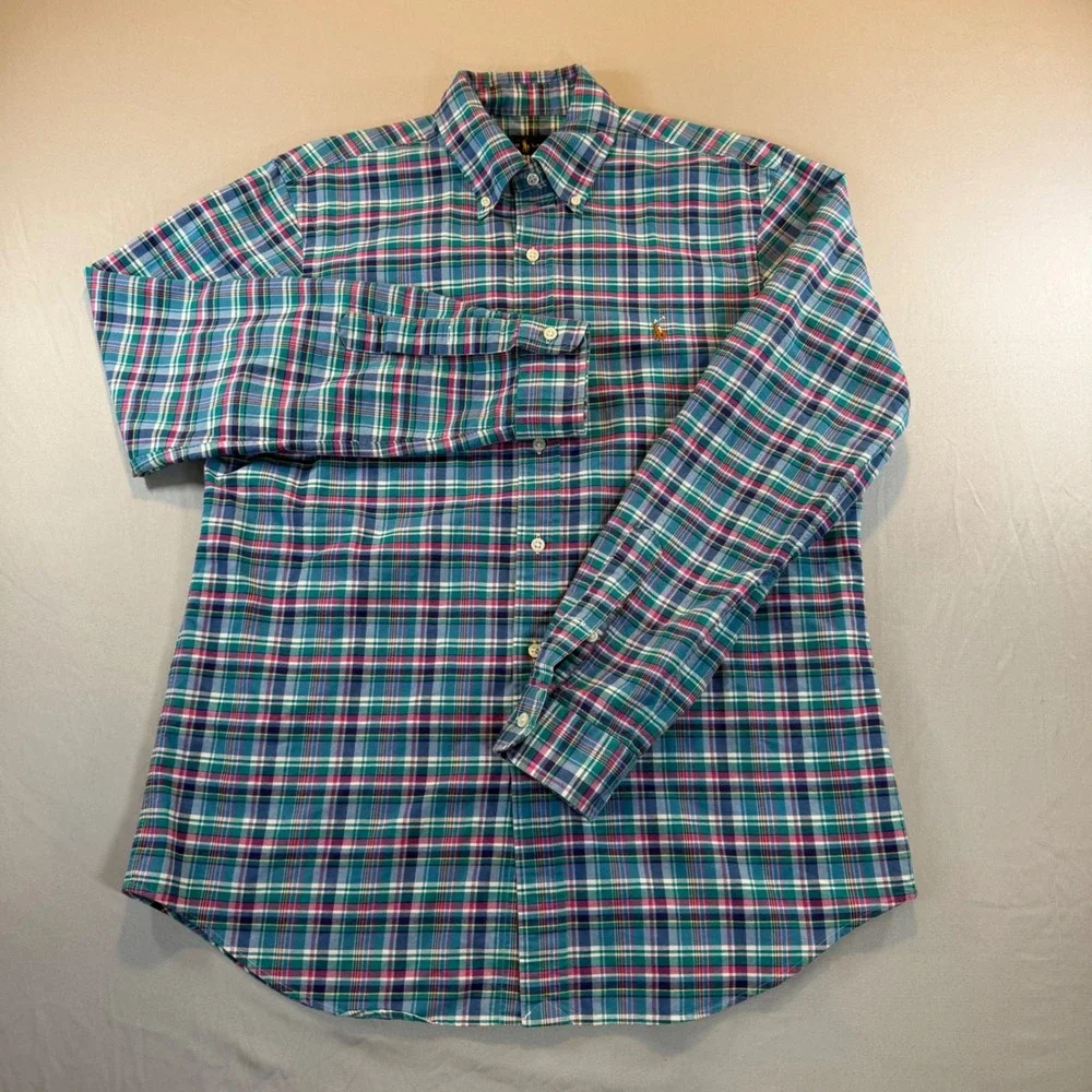 Polo Ralph Lauren Mens Plaid Button Down Shirt Teal Pink M Preppy Country Club